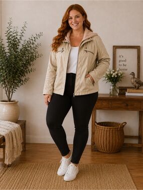 Light Beige Hooded Faux-Leather Jacket with Quilted Sleeve Accents
